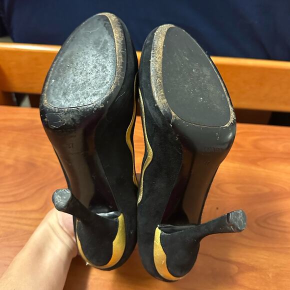 Prada Black Suede Colorblock Pumps Leather Designer Size 37 Gold Design Heels - Picture 14 of 16